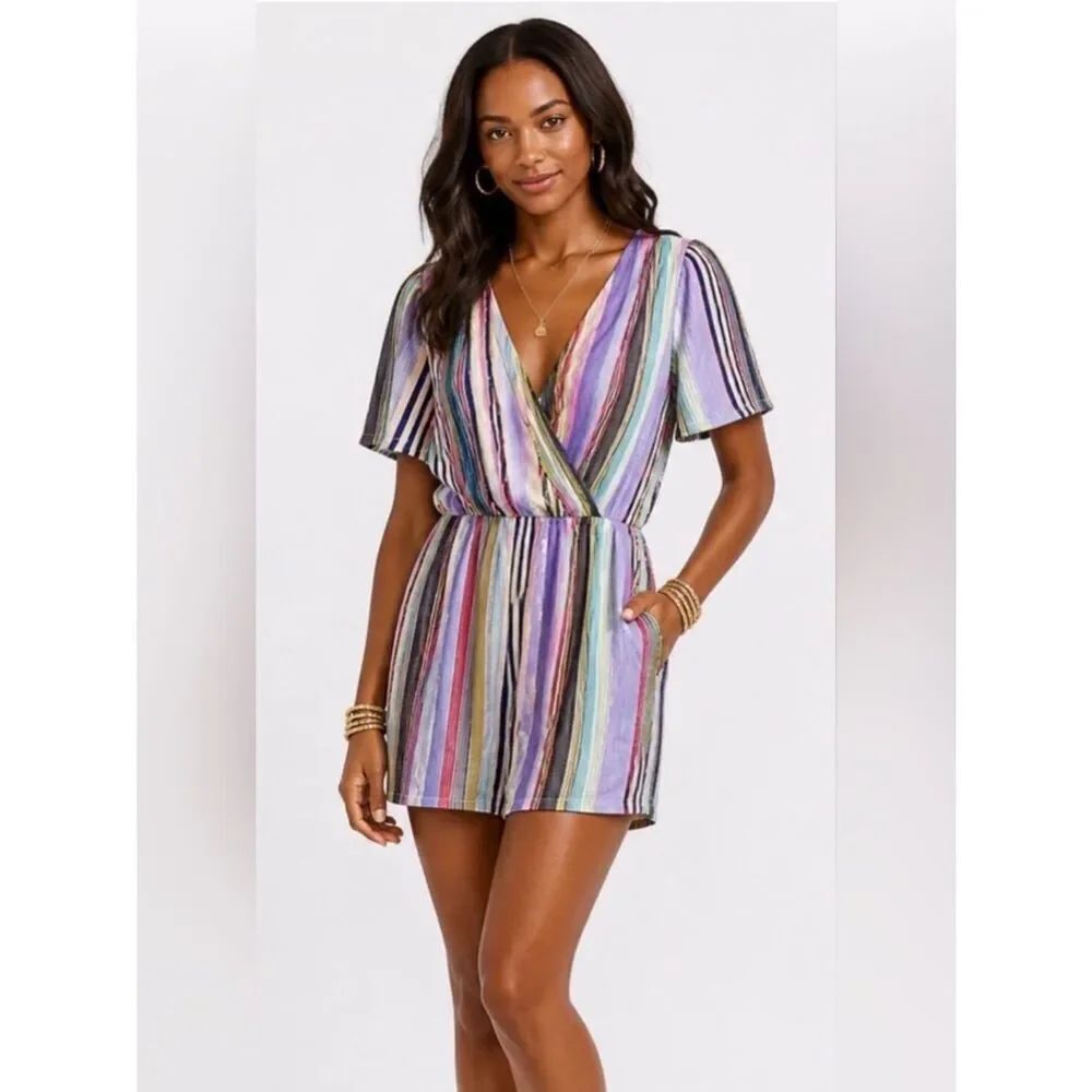 Alter’d State Womens Striped Short Sleeve Surplice Neckline Romper